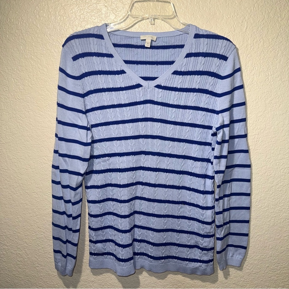 Talbots Blue Striped Cable Knit Sweater Women’s M Preppy Coastal V Neck